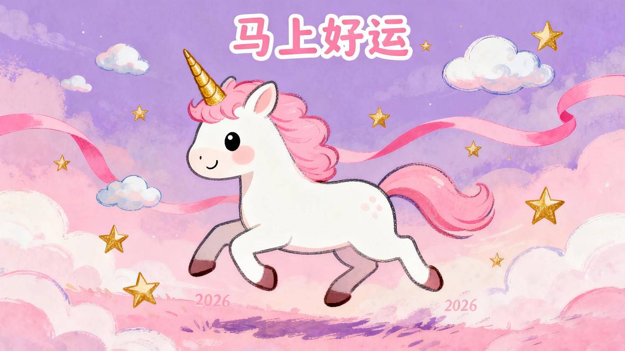 2026年马上好运 可爱小马儿 奔跑 彩带 云 4K壁纸