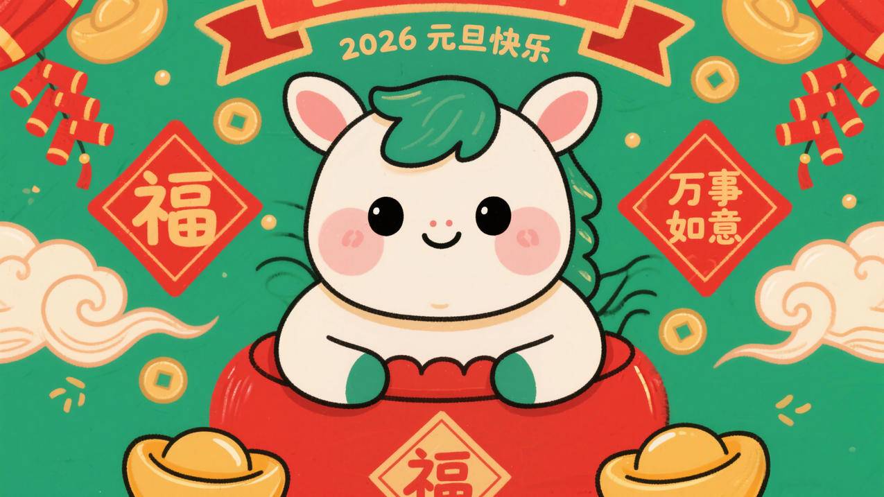 2026元旦快乐 可爱小马 马年图片 福字 4K壁纸