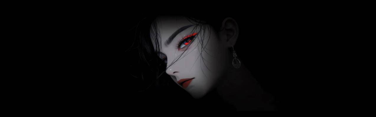 冷艳红蓝色眼睛动漫美女 暗黑 5120x1600带鱼屏壁纸