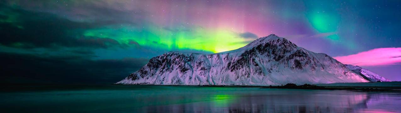 极光 雪山 水 5120x1440风景桌面壁纸
