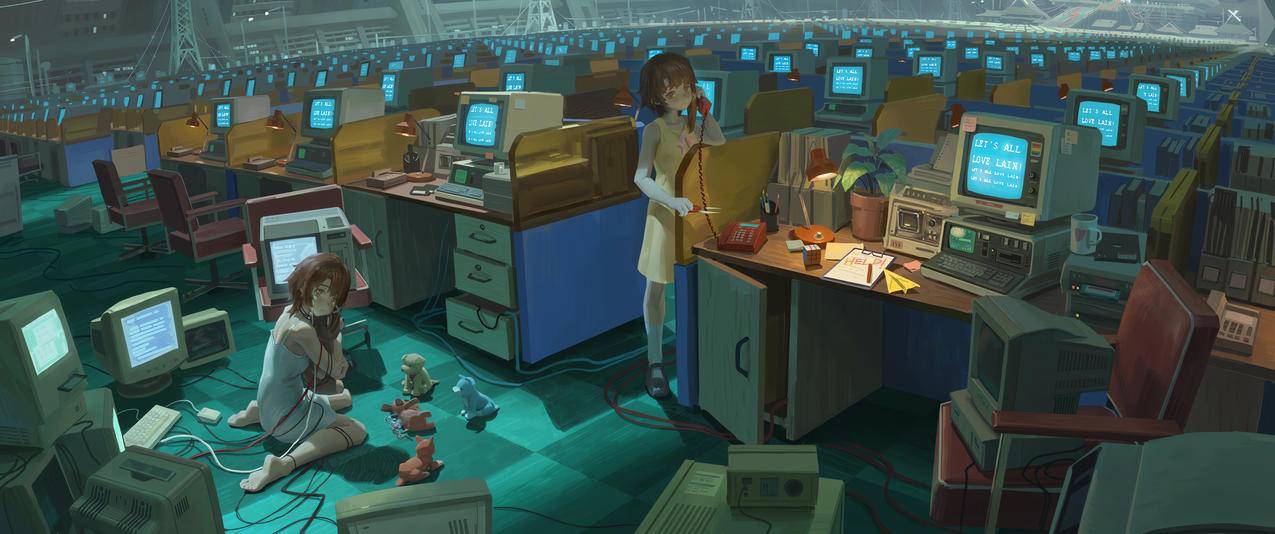 电脑机房 女孩 电脑办公桌 3440x1440带鱼屏壁纸