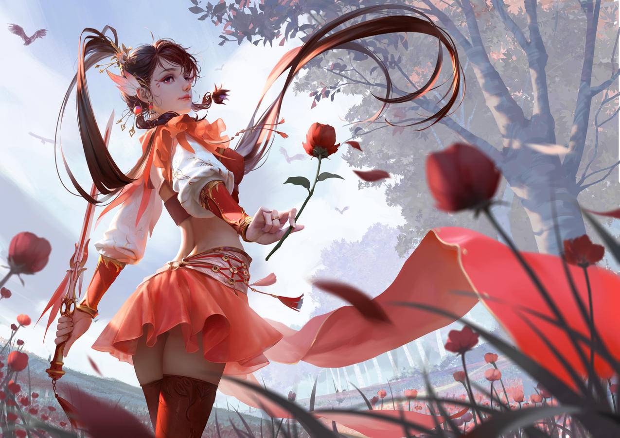 《三国杀》女孩,马尾,玫瑰花丛,花瓣,树,鸟,长剑,4K高清游戏壁纸