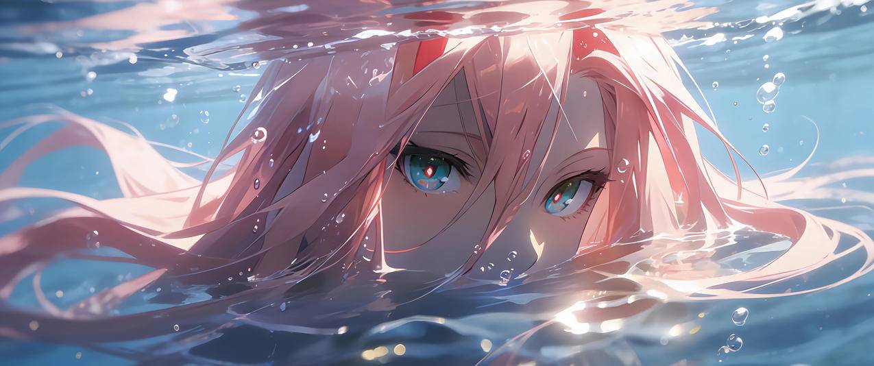 水下动漫女生粉色长发 3440x1440带鱼屏动漫壁纸