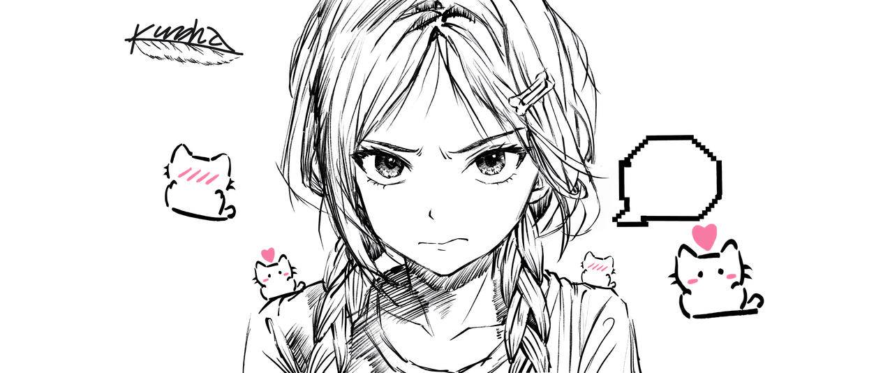 动漫线条人物女孩 小猫 3440x1440带鱼屏壁纸