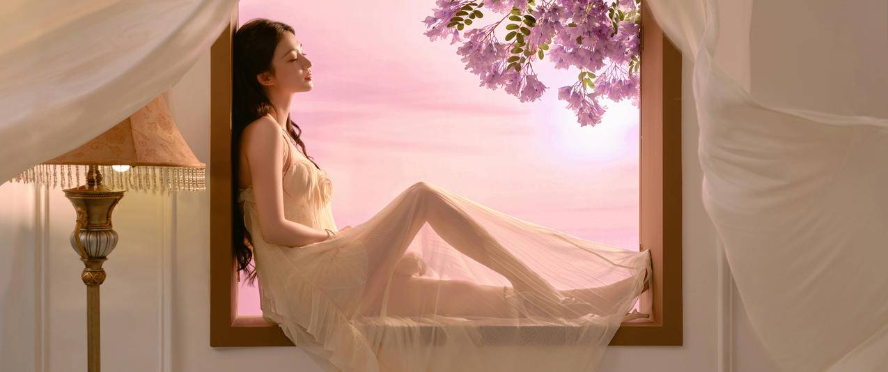 窗 紫色的花 王楚然3440x1440带鱼屏美女壁纸