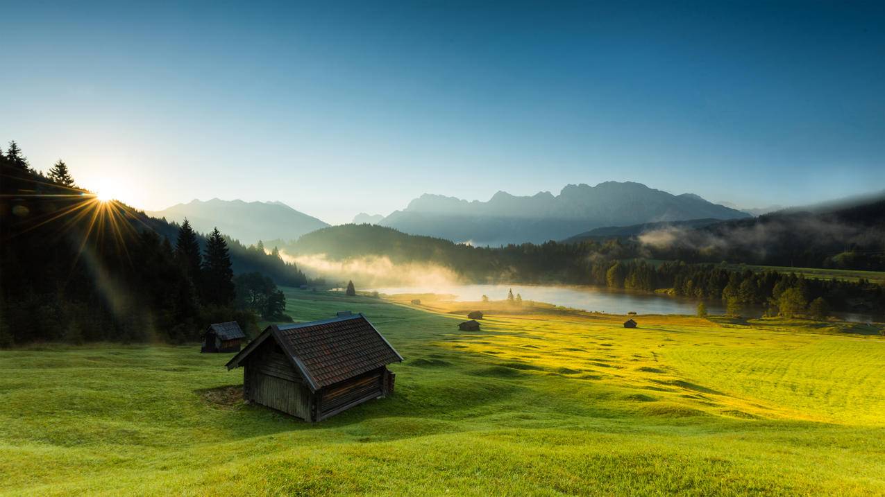 巴伐利亚,阿尔卑斯山,日出,木屋房子,湖,4k风景高清壁纸