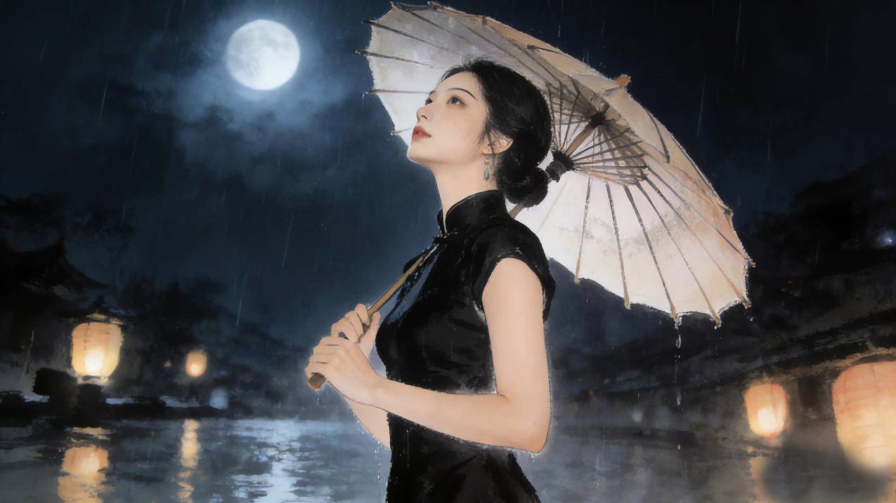 水墨画 晚上 月亮 黑色旗袍美女 伞 4k壁纸