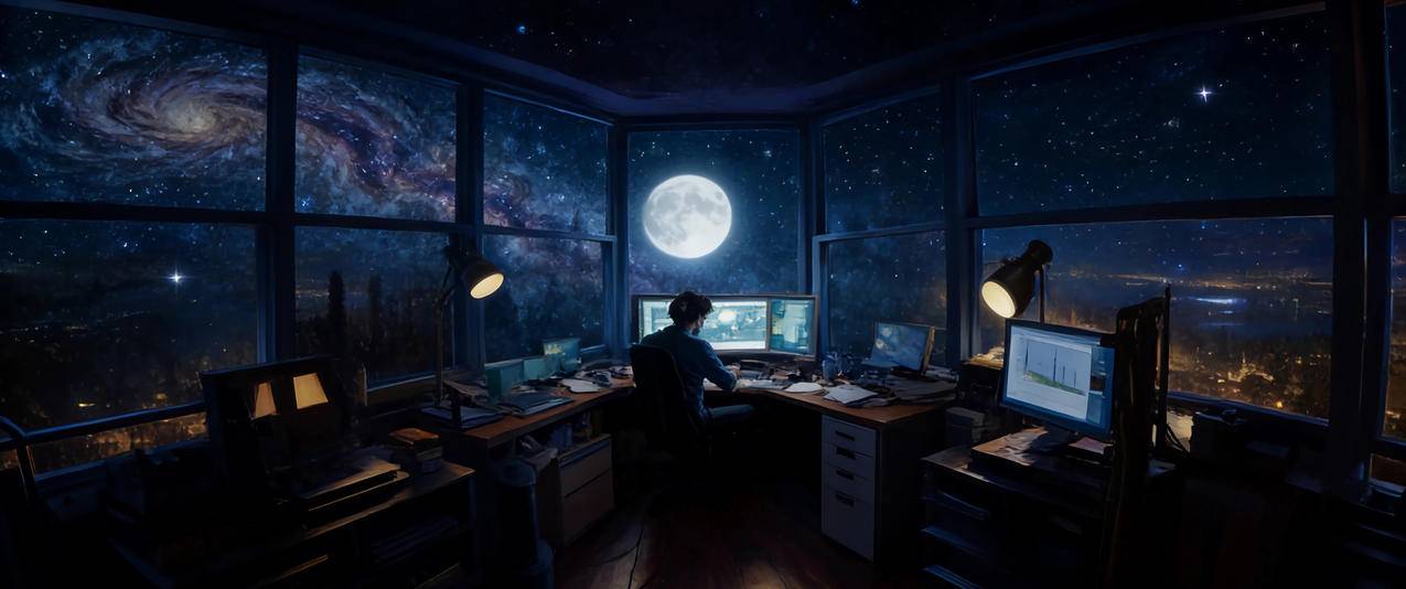 夜晚 星空 一个人 工作室 电脑 台灯 3440x1440带鱼屏壁纸