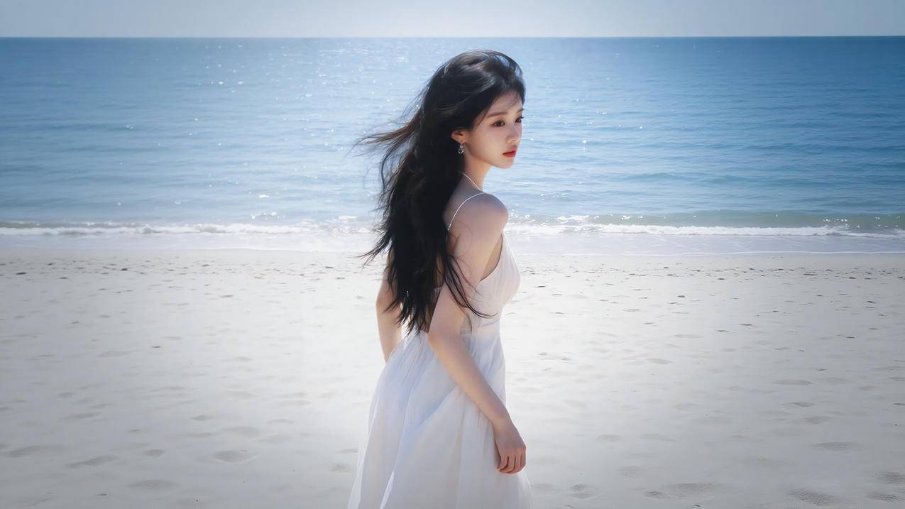白裙优雅美女 回眸 海滩背景 沙滩美女4K壁纸