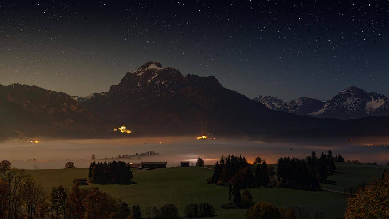 阿尔高,晚上,高山,福尔根湖湖,夜间,雾,5k风景壁纸