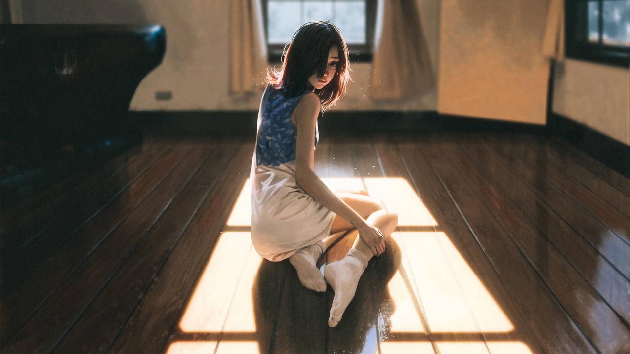 女孩,侧坐在木地板上,室内,窗户,阳光,唯美艺术4K动漫人物壁纸