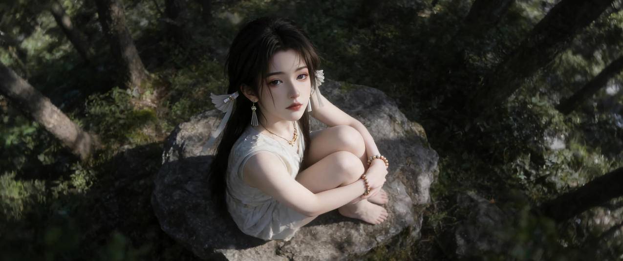 森林 坐在石头上的美女宋玉3440x1440带鱼屏壁纸