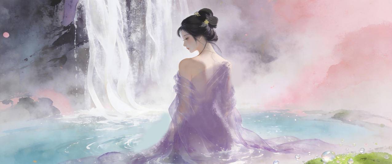 女孩背影唯美古风 瀑布3440x1440带鱼屏动漫壁纸免费