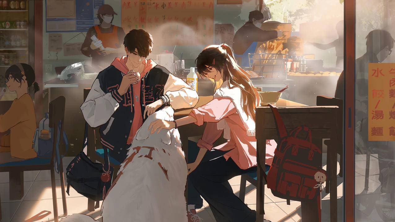 小吃店 青年情侣 大白狗 4K动漫风壁纸