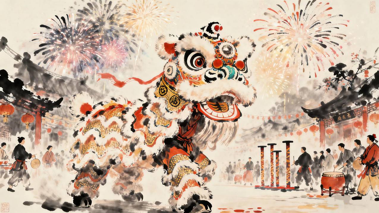 2026新年 舞狮 烟花 热闹 街景 喜庆 水墨风4k壁纸