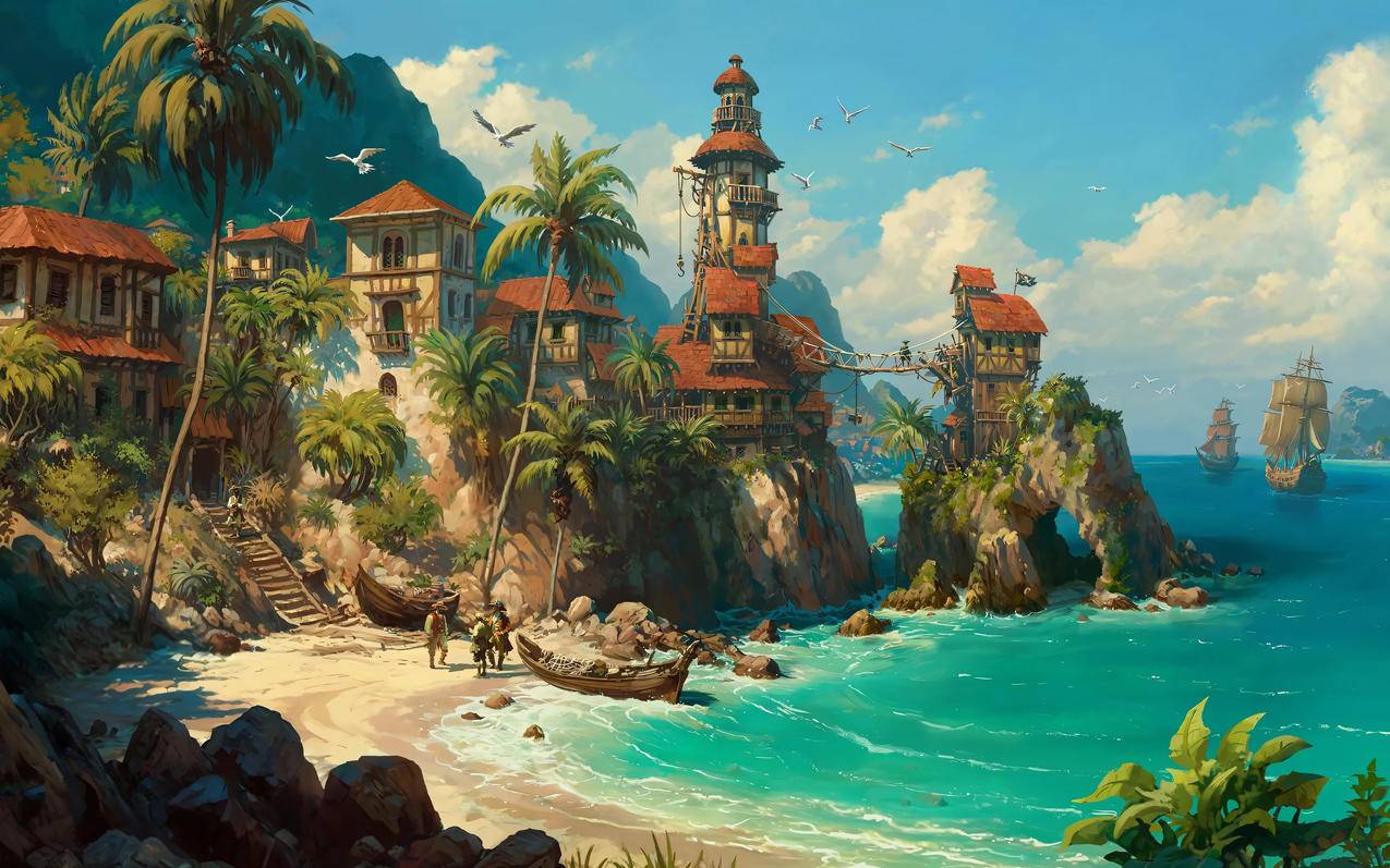 海岸 树 房子 海水 帆船 风景绘画 3K车机壁纸横屏3200x2000