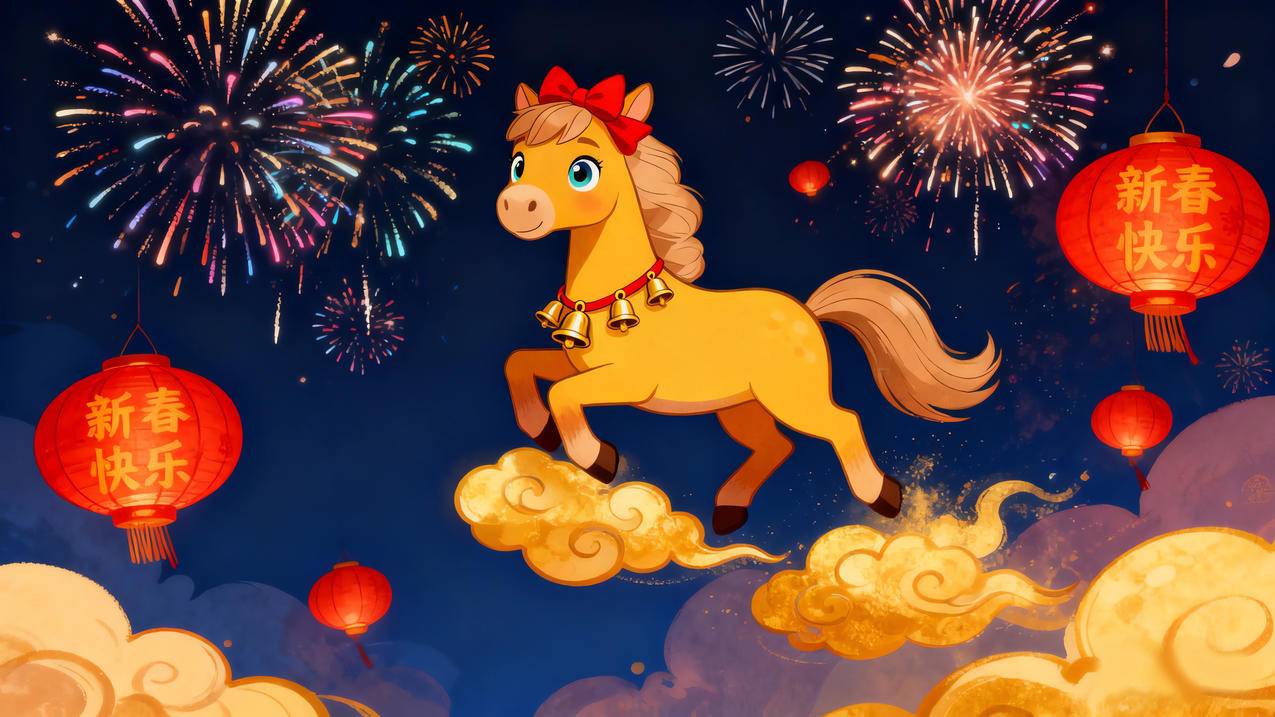 2026马年 新春快乐 灯笼 烟花喜庆背景4k壁纸