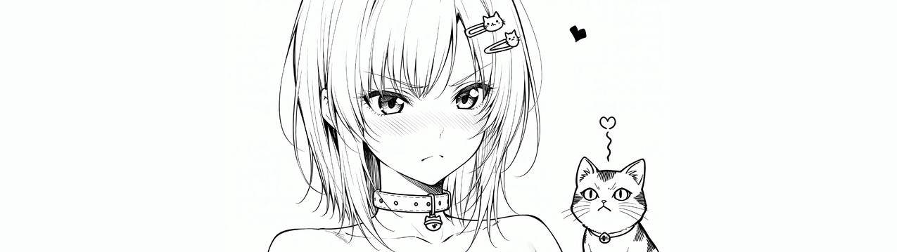 动漫女孩和猫 黑白画线条画 5120x1440带鱼屏壁纸