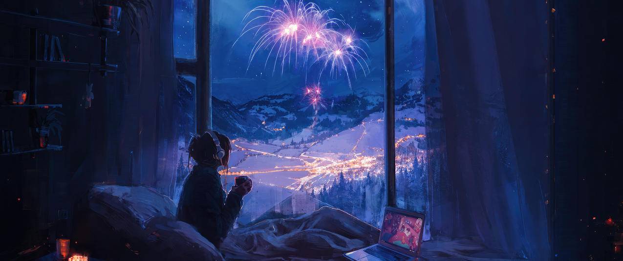室内女孩 新年的夜晚,天空, 山脉,烟花 3440x1440带鱼屏壁纸免费下载