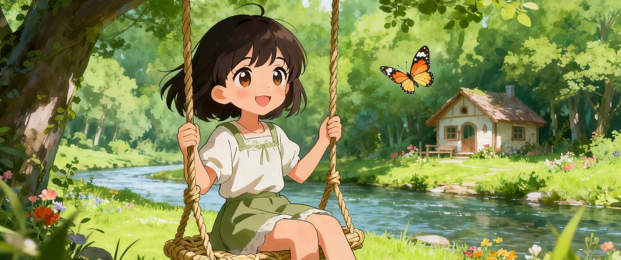 小女孩微笑地坐在挂藤上3440x1440带鱼屏壁纸动漫