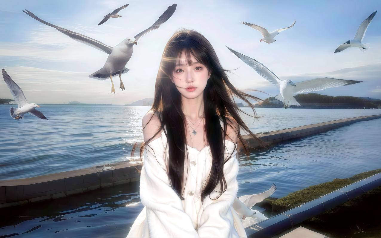天空 海鸥 湖面 美女长发 车机高清3K壁纸3200x2000