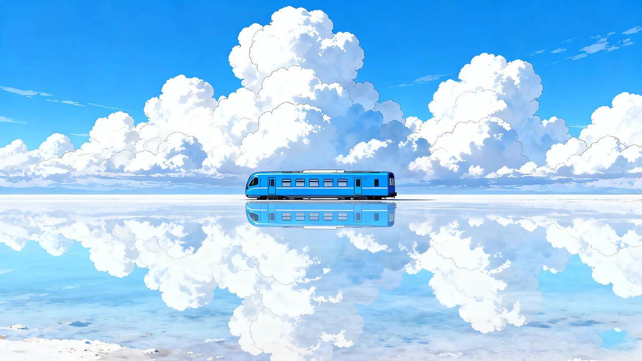 蓝天云层 湖面 蓝色的列车 4K风景壁纸