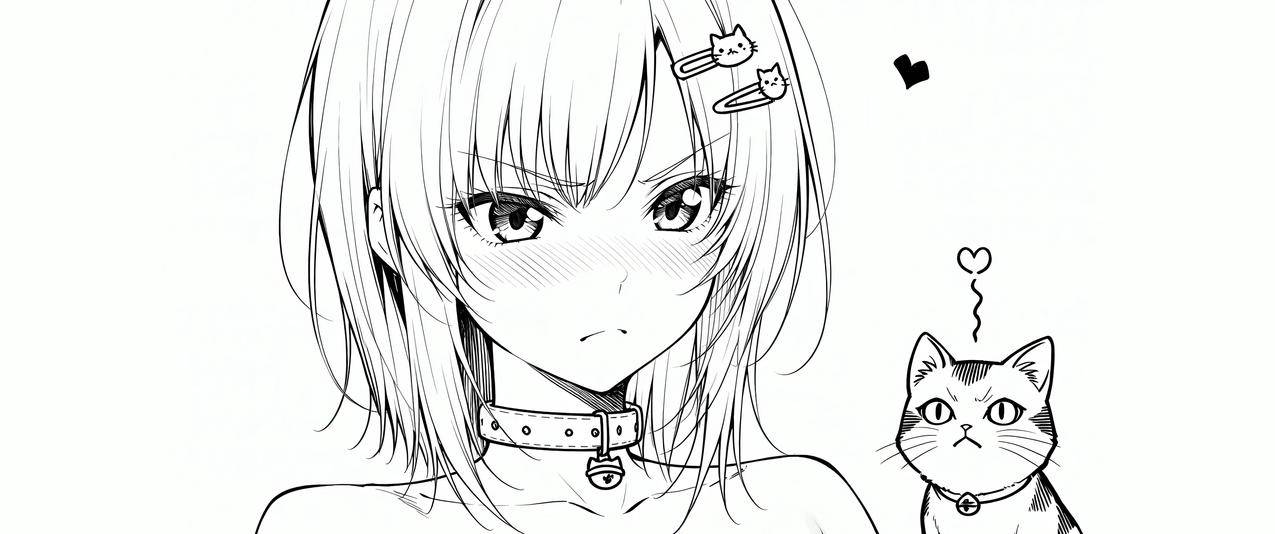 动漫女孩 猫 黑白画线条画 3440x1440带鱼屏壁纸