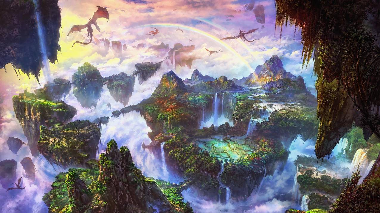 天空,空中,瀑布,植物,自然,仙境,唯美艺术风景画,4k高清壁纸