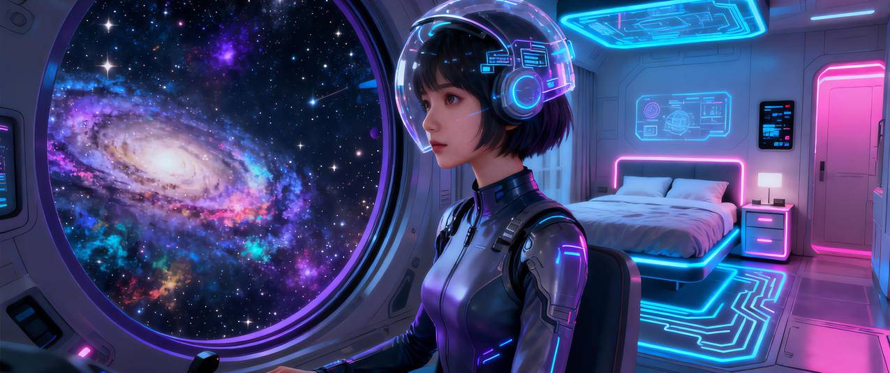 太空舱 短发美女 赛博朋克 科幻星空 房间3440x1440带鱼屏壁纸