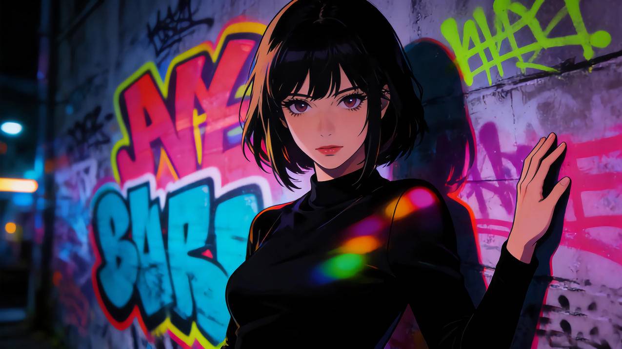 涂鸦墙 黑色衣服气质美女短发 4K动漫壁纸 3840x2160