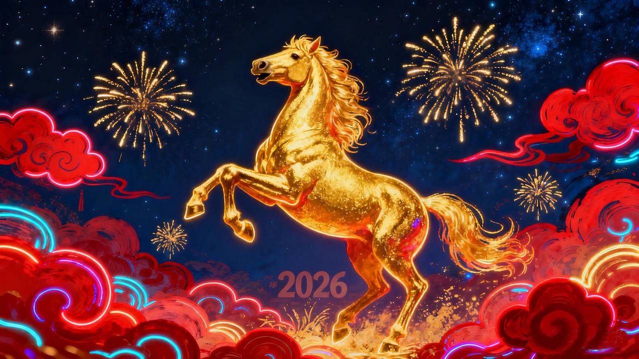 2026年金色骏马 夜晚 烟花 红色祥云 4K壁纸