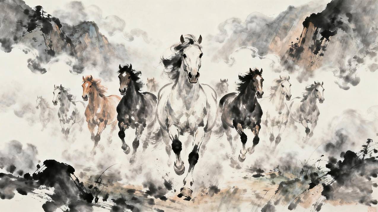 十匹奔跑的骏马 水墨画 2026马年图片素材 5K壁纸图片