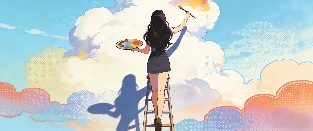 女孩背影 画画 天空 云 3440x1440带鱼屏壁纸
