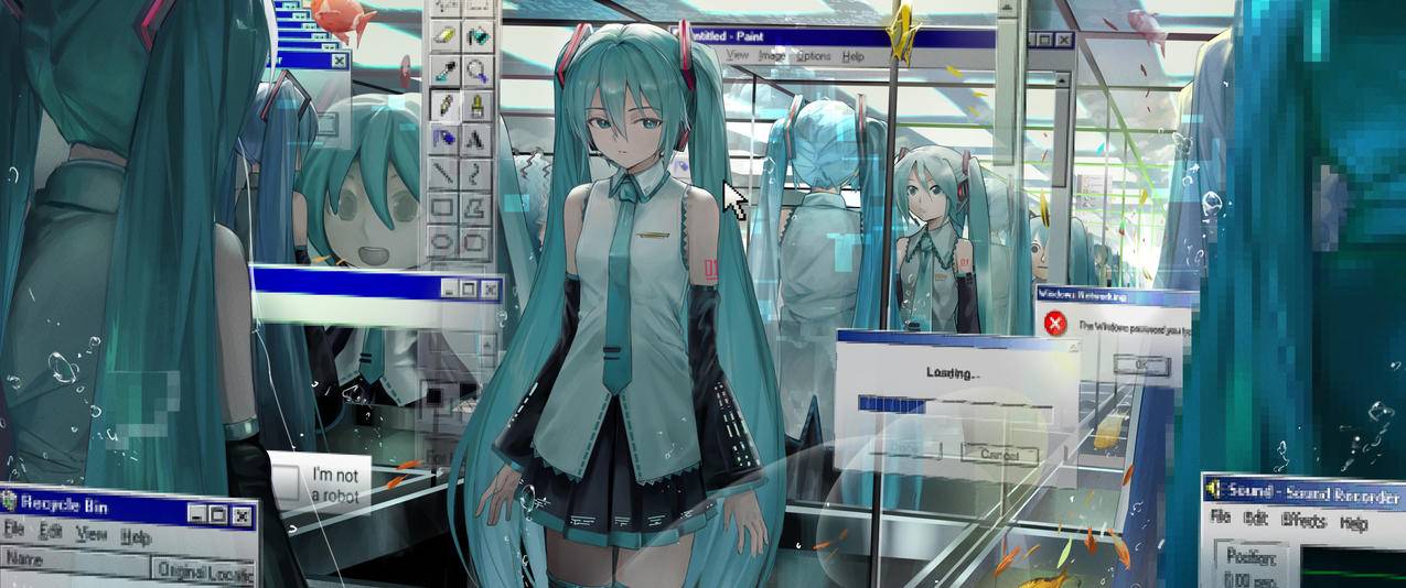 初音未来 站立 动漫女孩长发 3440x1440带鱼屏壁纸