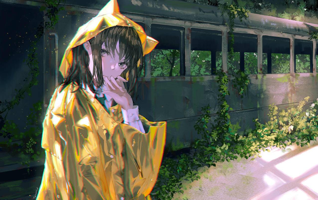 黄色雨衣,废弃火车,植物,女孩,4K高清动漫壁纸