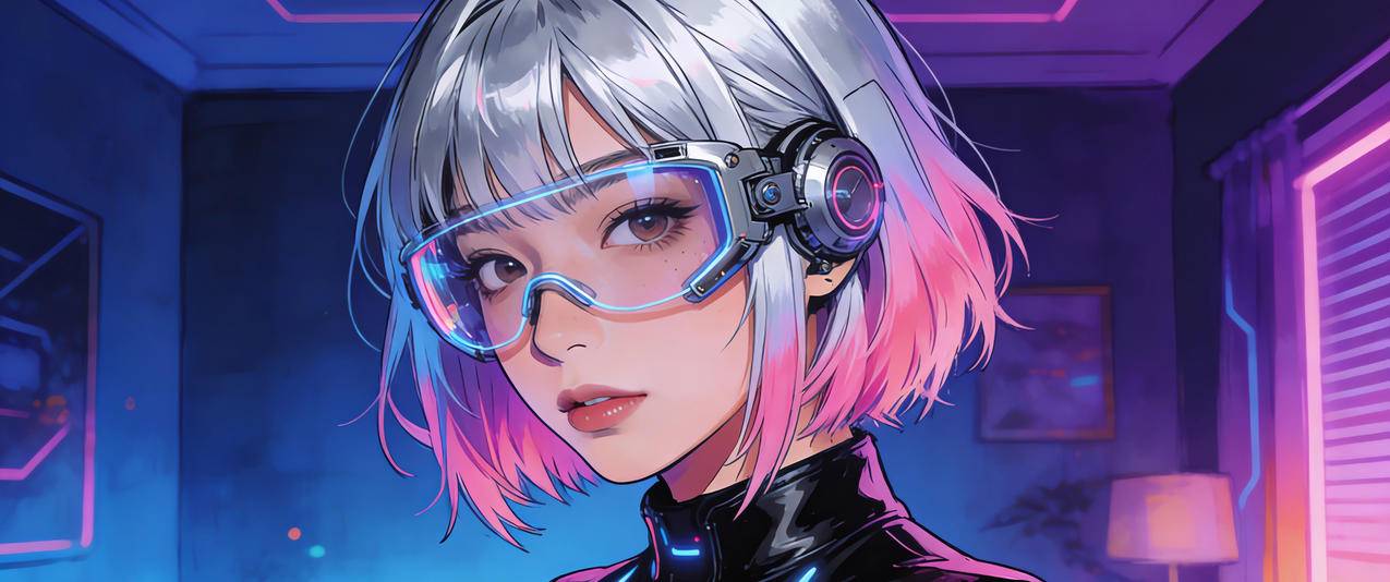 赛博朋克 房间 短发女孩 眼镜3440x1440带鱼屏壁纸免费
