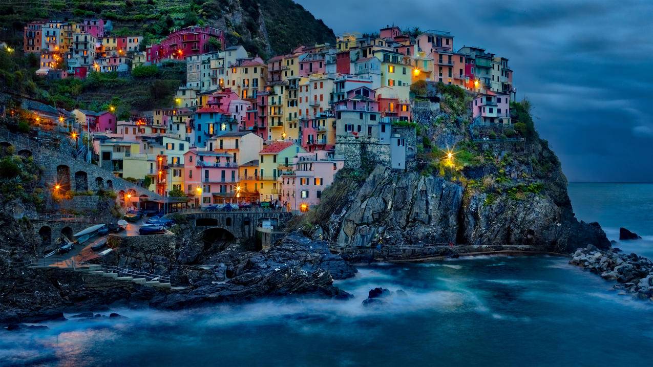 意大利,五渔村,夜幕降临,风景,4k高清壁纸