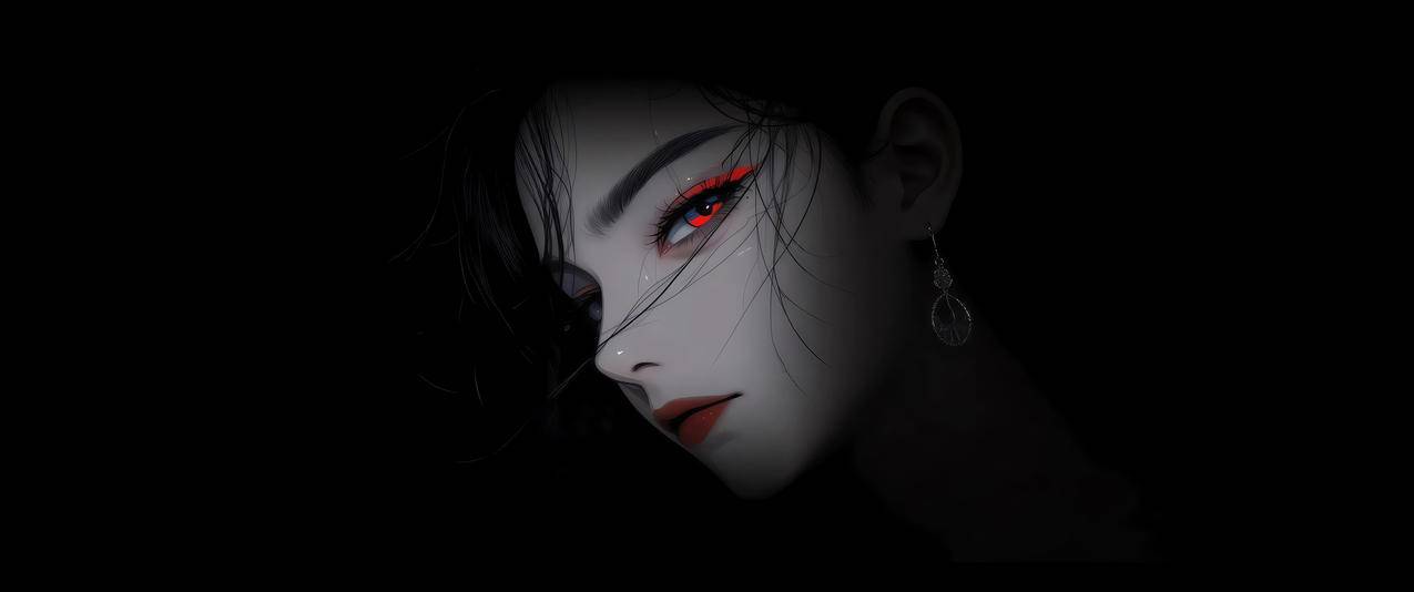 冷艳美女 红蓝色眼睛 黑色背景3440x1440带鱼屏壁纸动漫