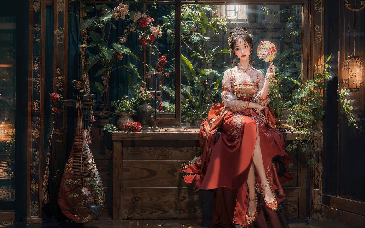 古风美女红色裙子 扇子 车机全屏动漫壁纸3K