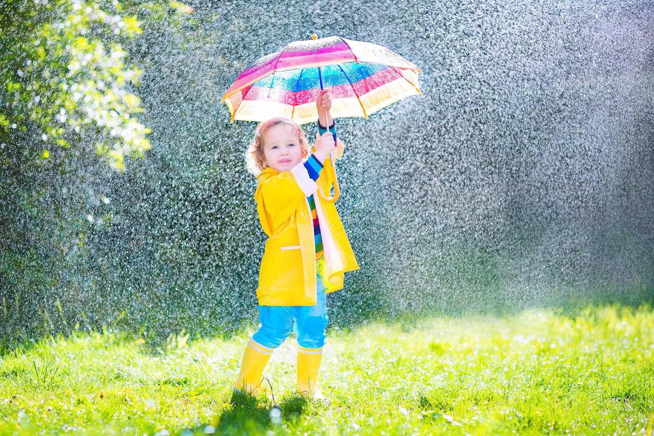 金发,小女孩,萌娃,可爱,打伞,草地,雨,4K高清壁纸