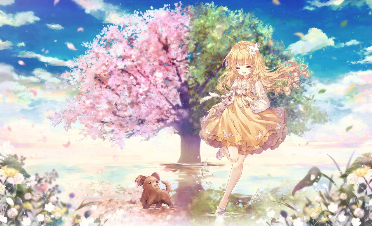 天空,花瓣,粉色绿色的树,女孩,小狗,唯美动漫,4k高清风景壁纸