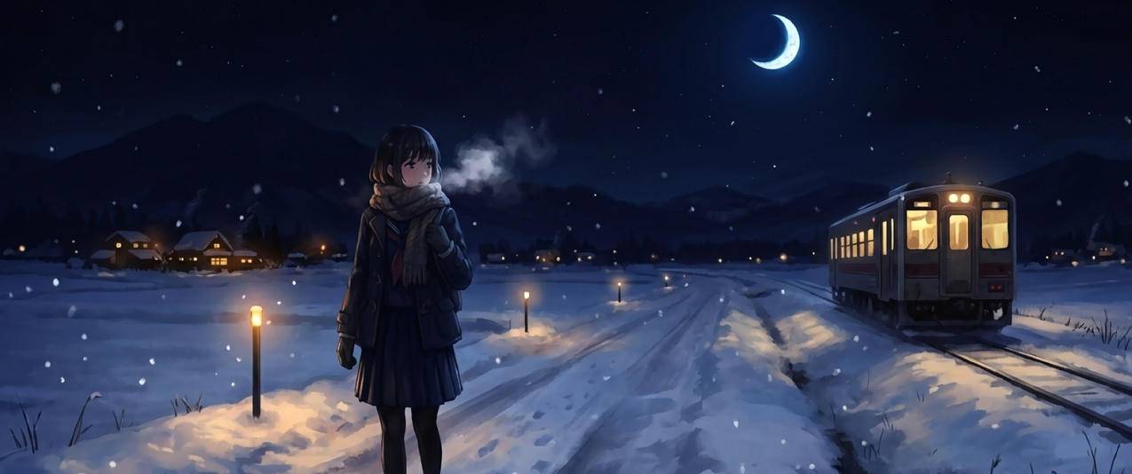 冬天 女孩短发 围巾 夜晚天空 月光 铁路 3440x1440带鱼屏动漫壁纸