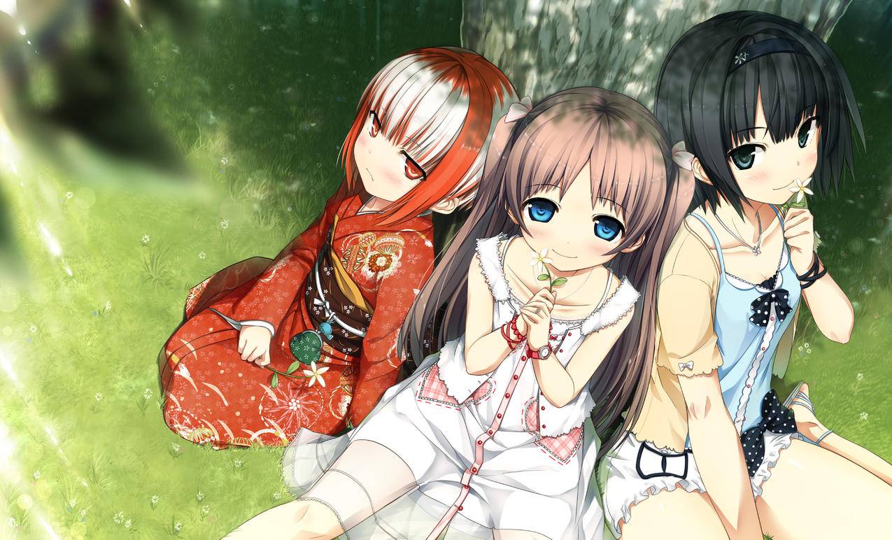 日本和服,三个可爱动漫女生,5K高清壁纸