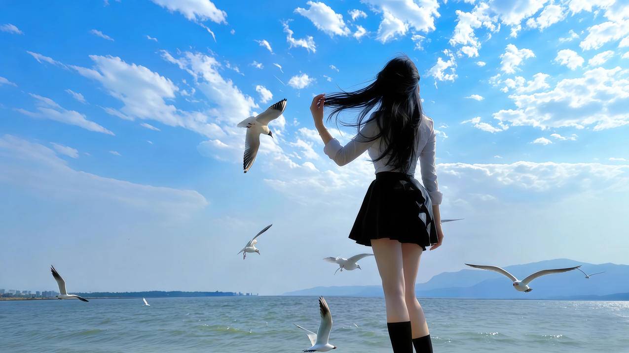 海边 长发美女背影 4K壁纸 3840x2160