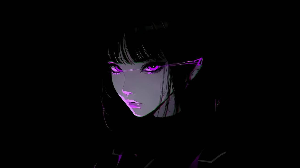紫色眼睛动漫美女 暗黑 简约黑色背景 4K电脑壁纸