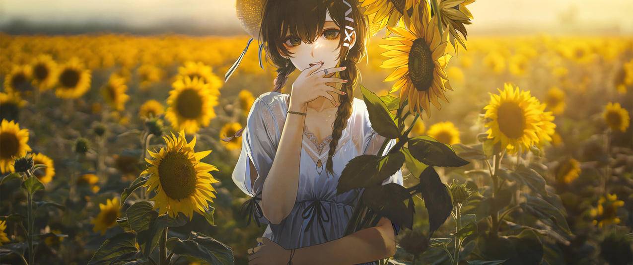 花海姑娘 向日葵女生 唯美好看动漫人物风景3440x1440带鱼屏壁纸