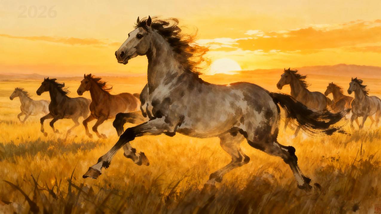 2026年 草原 黄昏 夕阳 奔跑的骏马 水墨风 4k壁纸
