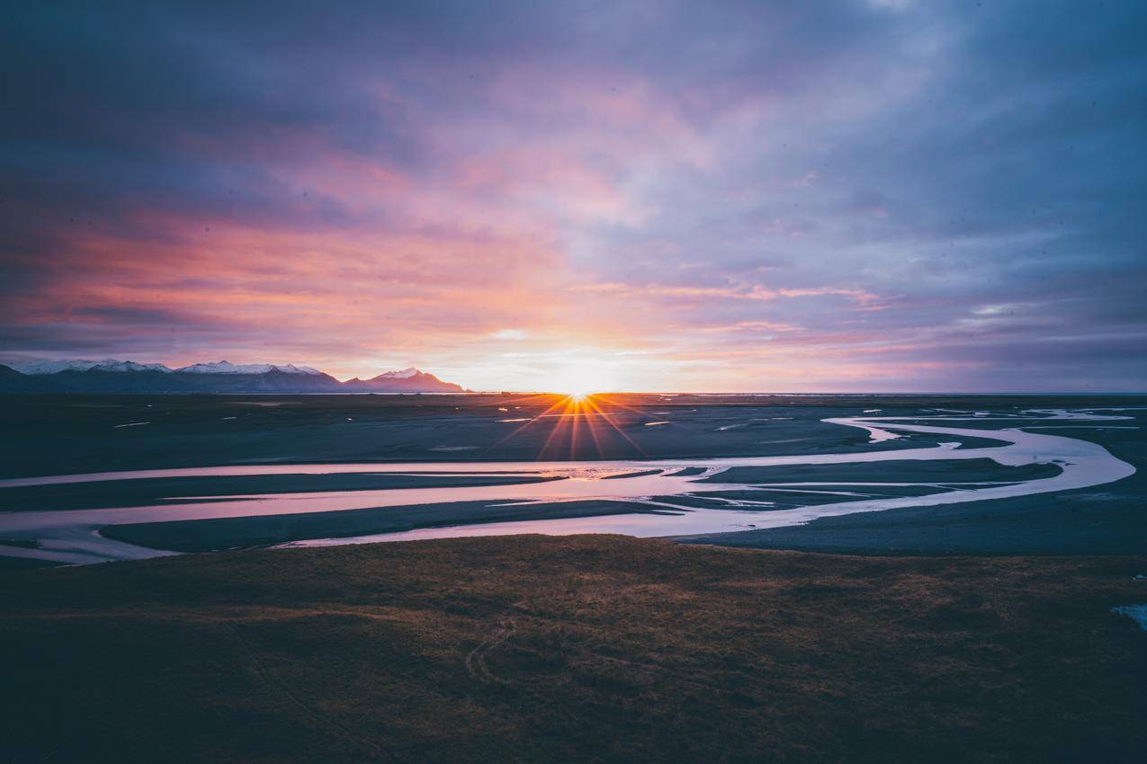 自然,冰岛,河,太阳,日出,日落,云,紫罗兰色,8k风景高清壁纸