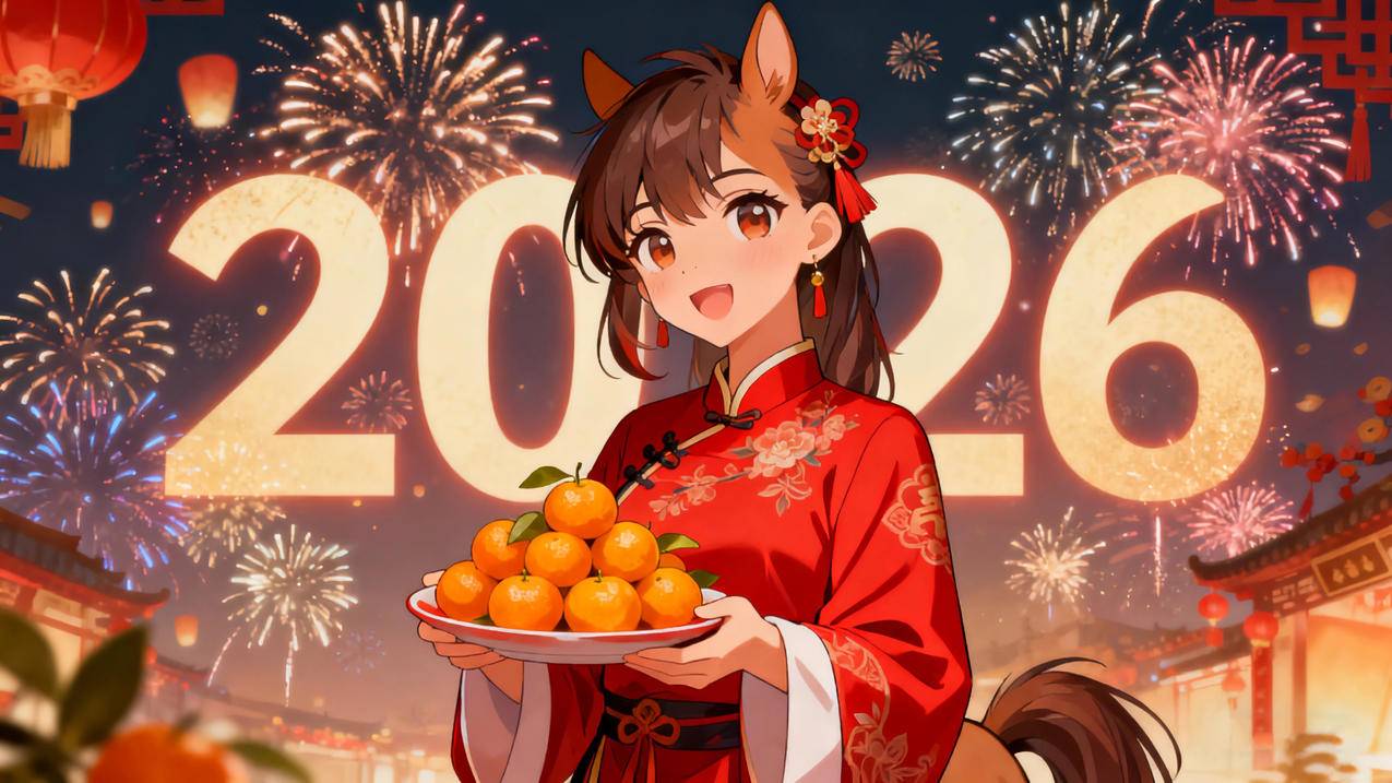 2026新年 红色衣服女孩姑娘 桔子 烟花 喜庆 4K壁纸