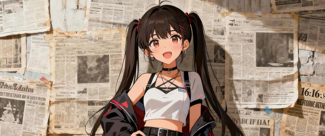 报纸墙 可爱双马尾辫女孩3440x1440带鱼屏动漫壁纸
